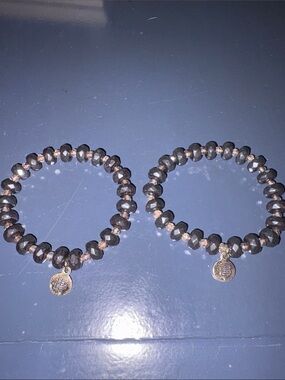 Beaded Stretch Bracelet Pair with Gold Accent Charms - Black/dark grey